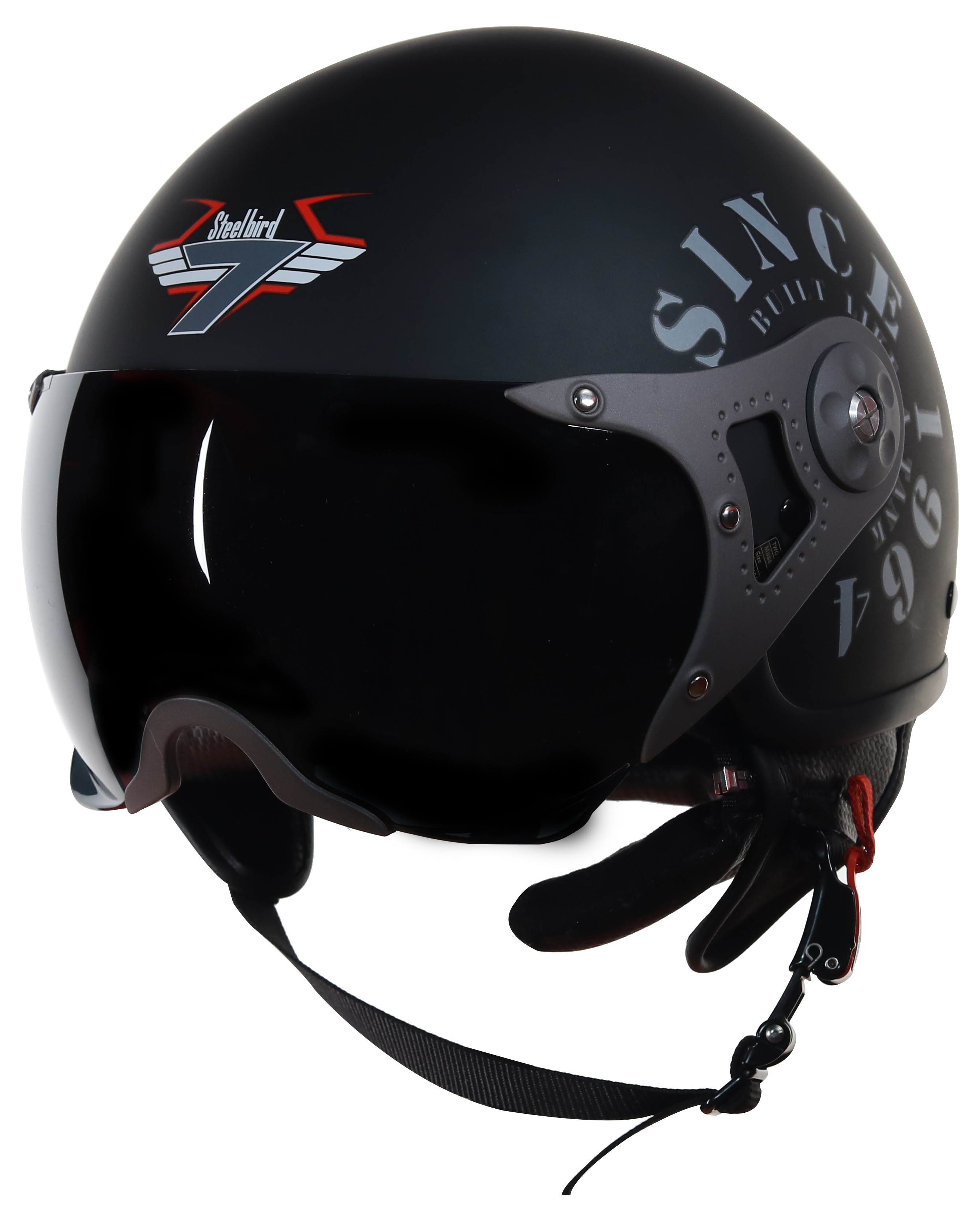 Steelbird SB-27 7Wings Tank Open Face Graphic Helmet (Matt Black Line Grey With Smoke Visor)